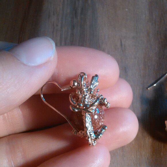 Gold Sandstone and Brown Austrian Crystal Dragon Dangle Earrings - Picture 4 of 9